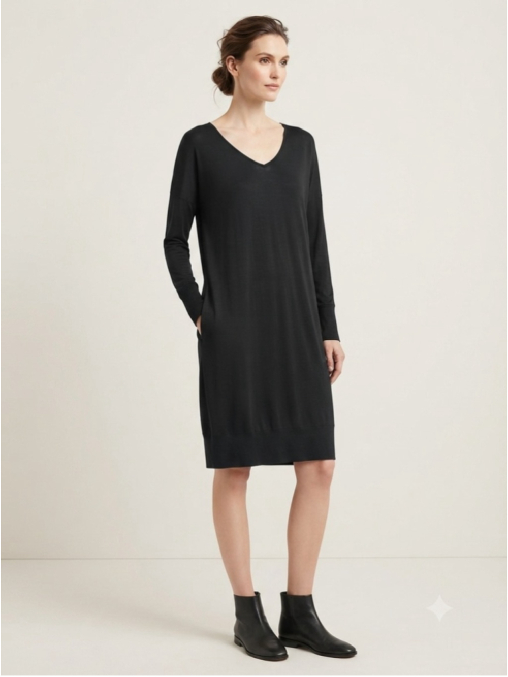 Eileen Fisher V Neck Long Sleeve Dress Black Size Medium